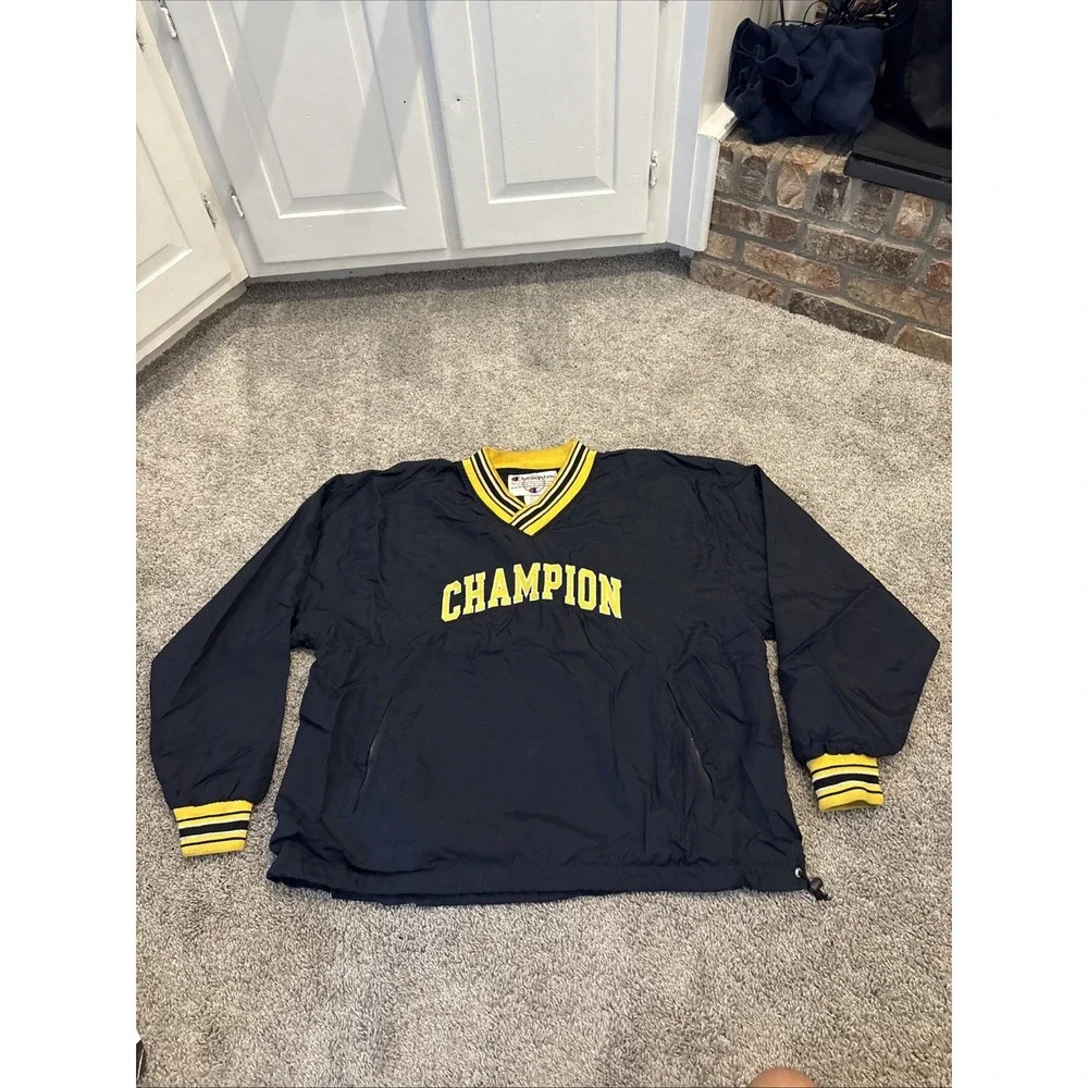 VINTAGE Champion Jacket Mens Extra Large Blue V Neck Windbreaker Lined Spellout